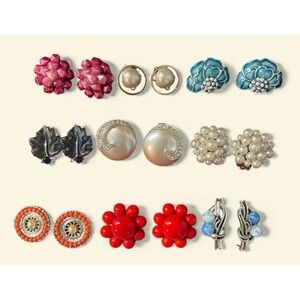 Vintage Rhinestone Clip On Earrings Pink Blue Gold Silver Tone Lot Of 9 Pair